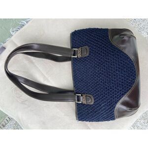 The Sak Women's Navy Blue Woven Shoulder Bag with Brown Trim